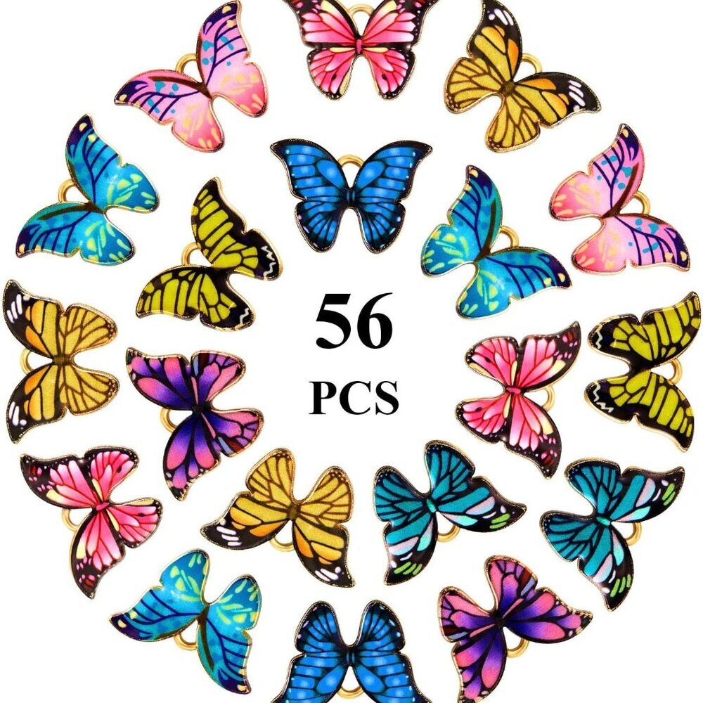 56 Pieces Butterfly Charms for Jewelry Making Colorful Butterfly Pendants Kawaii